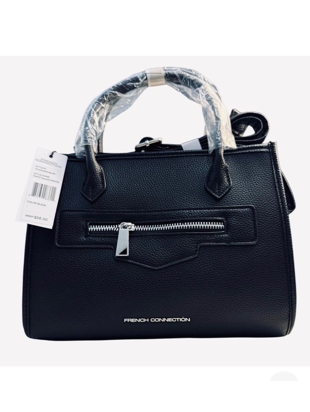 French Connection Fritz Square Satchel Black Pebbled Leather